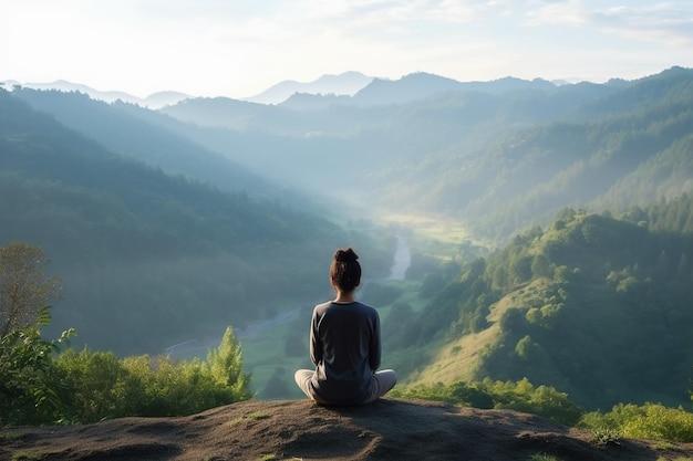 A woman meditating on a mountain top