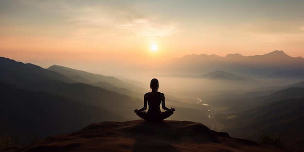 A woman meditating on a mountain with the sun setting behind her