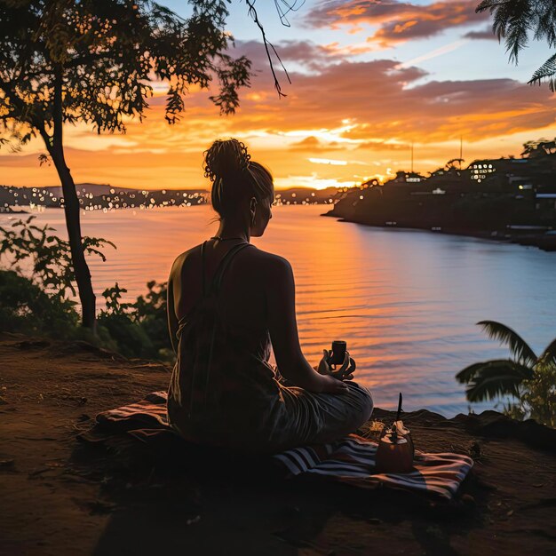 Photo woman meditating near a lake at sunset