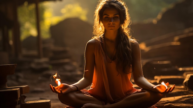 Photo woman meditating outdoors at sunset