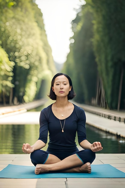 A woman meditating in a park with trees in the background