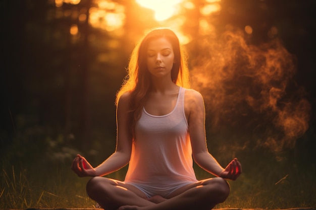 Женщина медитирует в мирном саду с мягким освещением