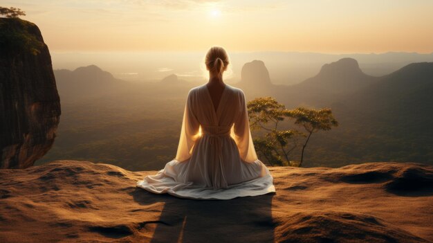 A woman meditating peacefully on a rock