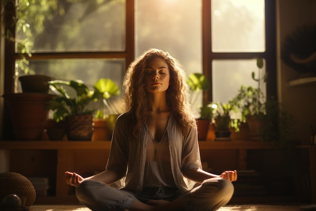 Woman meditating and practicing yoga at home domestic home