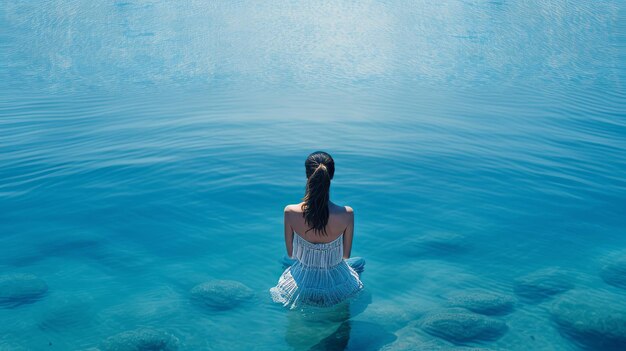 Woman meditating on a rock by the lake