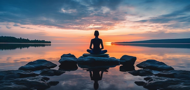 Foto una donna che medita su una roccia con il sole che tramonta dietro di lei