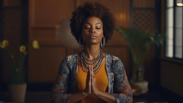 A woman meditating in a room with a green background.