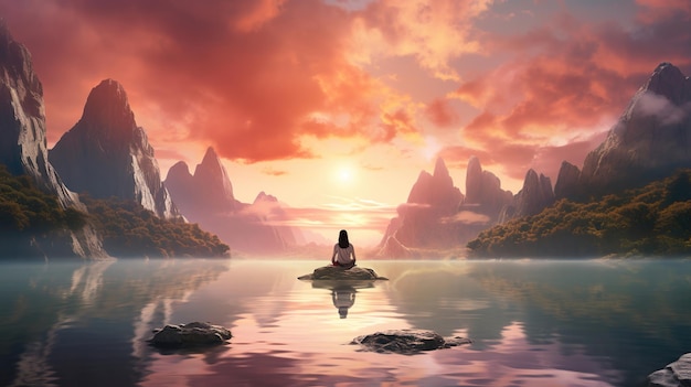 Photo woman meditating surrounded by beautiful mountains