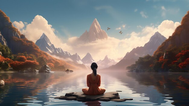 woman meditating surrounded by beautiful mountains