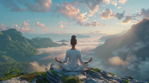 женщина медитирует на вершине горы с заходящим за ней солнцем
