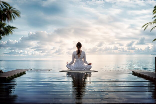 Photo a woman meditating on a tropical seaside deck generated ai