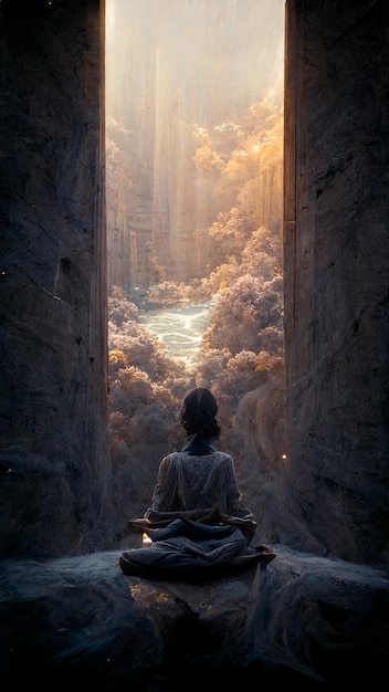 A woman meditating in a tunnel with a landscape in the background