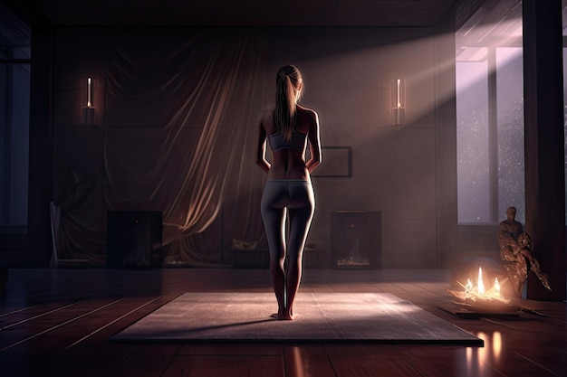 A woman meditating in a white dress stands in a room with light rays created with generative AI