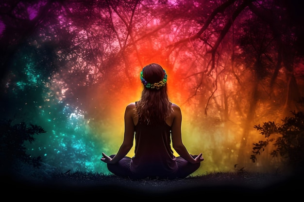 Woman meditating with colourful nature energy appearing around neural network generated image