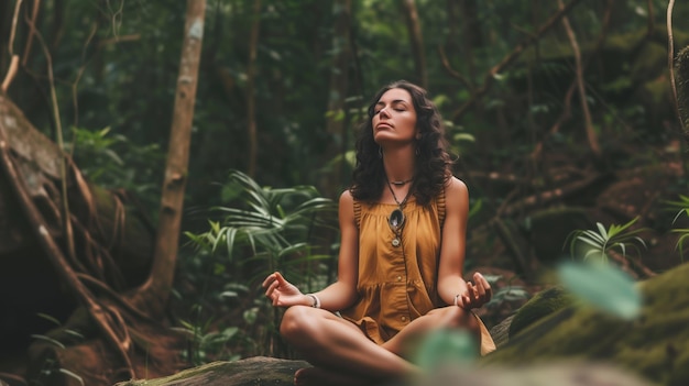woman meditating in yellow dress