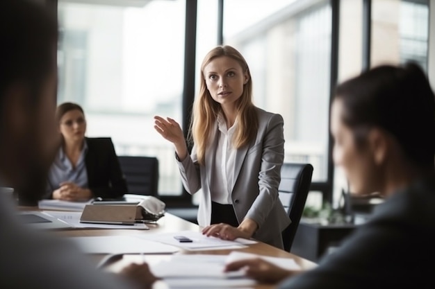 A woman in a meeting is speaking to a group of people.