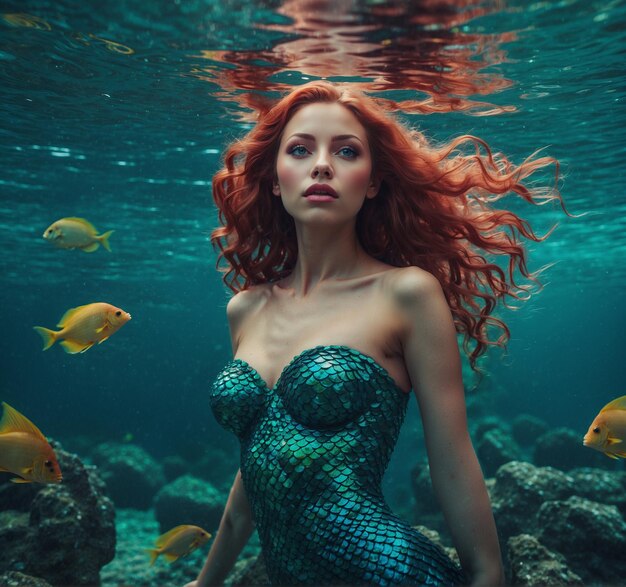 Photo a woman in a mermaid suit is under water with fish