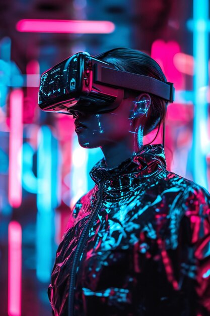 Woman in the metaverse immersed in the virtual reality experience wearing VR glasses