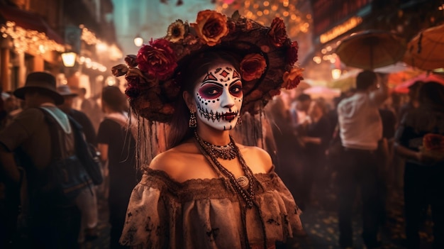 A woman in a mexican costume stands in front of a crowd.