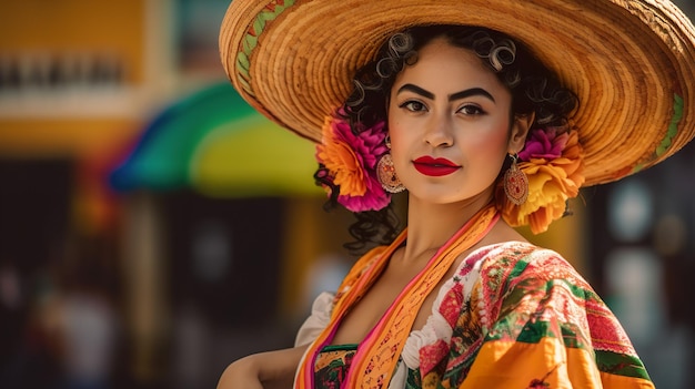 A woman in a mexican outfit with a colorful hat and a mexican hat.