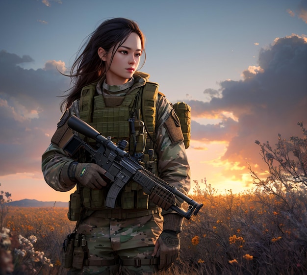 A woman in a military uniform holding a rifle in front of a sunset.