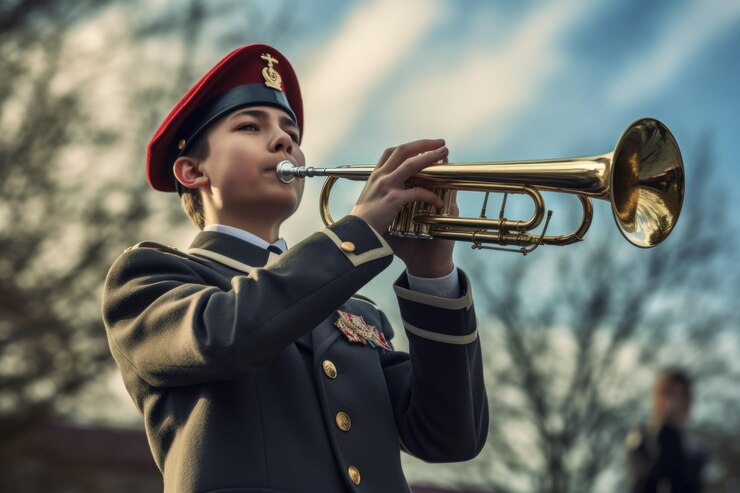 Photo トランペットを奏でる軍服を着た女性この画像は愛国主義軍事バンド音楽祝賀を描くために使用できます