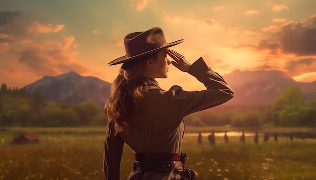 A woman in a military uniform salutes the sun in a field