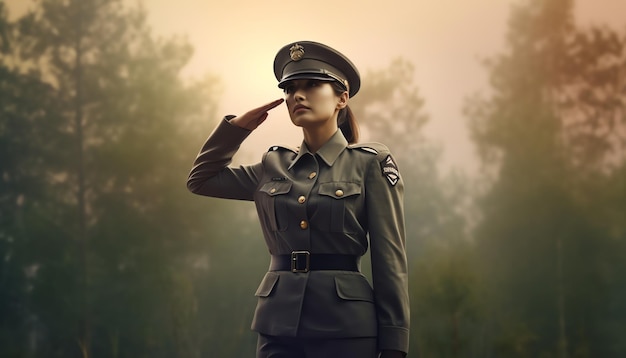 A woman in a military uniform saluting in front of a forest