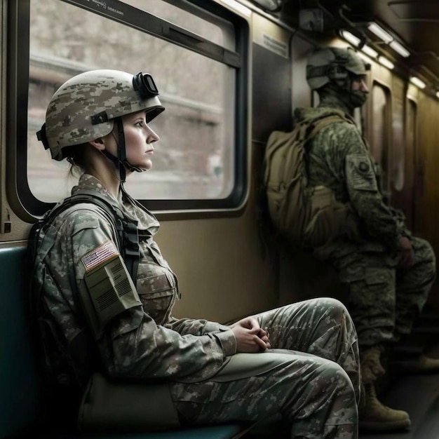 Женщина в военной форме сидит в поезде и смотрит в окно.