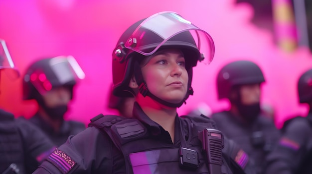 A woman in a military uniform stands in front of a pink background.