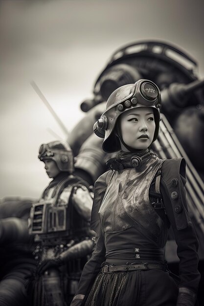 a woman in a military uniform stands next to a large group of other people.