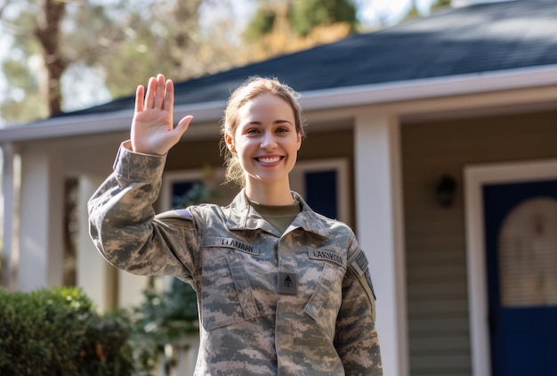 A woman in a military uniform waving to the camera