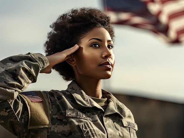 a woman in a military uniform with an american flag behind her head.