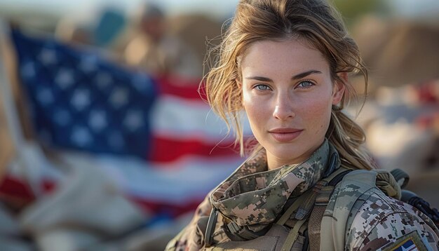 Foto una donna in uniforme militare con una bandiera dietro di lei