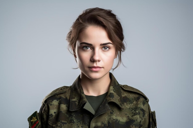 a woman in a military uniform with a red and green camouflage shirt