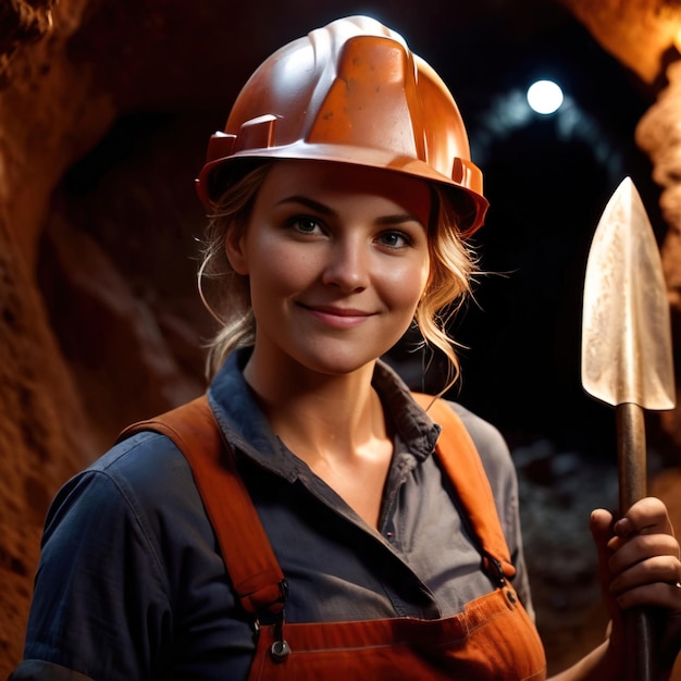 Woman miner exploring a cavern mine underground