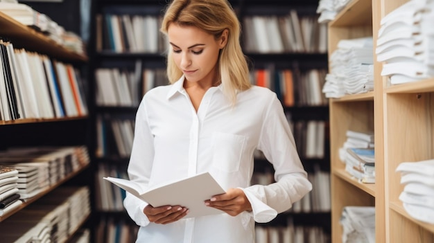 持続可能なミニマルな服装をした女性が地元の書店を立ち読みしています。彼女のシンプルかつシックなスタイルは、彼女の意識的なライフスタイルの選択を反映しています