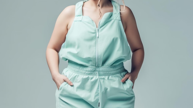 A woman in a mint jumpsuit stands in front of a grey background.