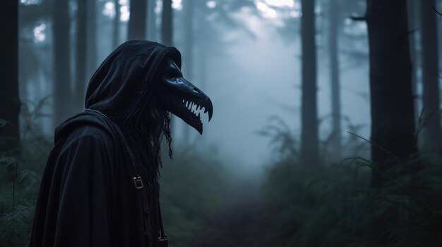 woman in a misty forest wearing a wild creature mask