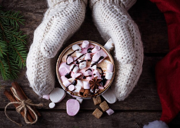 Woman in mittens holding a cup of hot chocolate with marshmallow. Selective focus