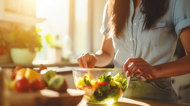 a woman mixing a salad in a bowl