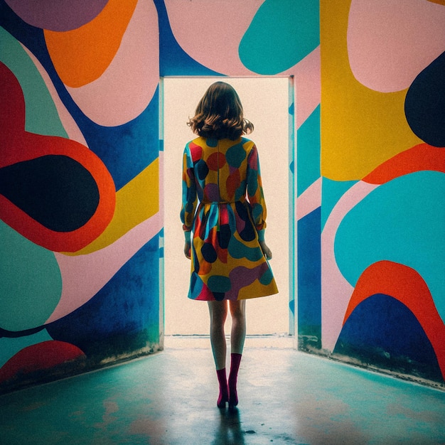 Женщина в модном ретро-платье и сапогах уходит от винтажных безделушек Knick и декорированной зернистой текстурной иллюстрации