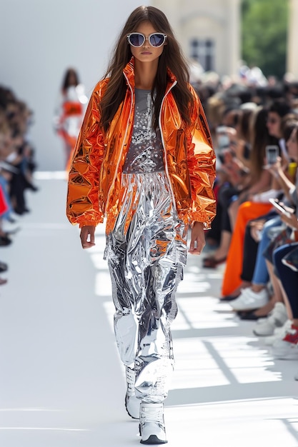 woman model girl in shiny sparkling foil dress walks down the runway at a fashion show Female Fashion Week from futuristic designers