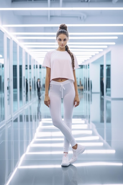 A woman model at the gym wearing a white blank outfit for mockup