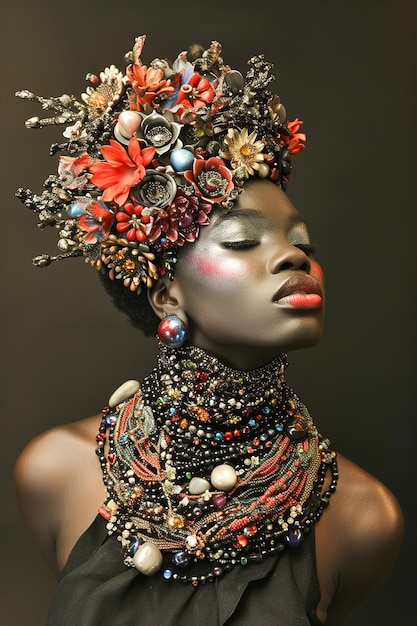 Woman model wearing artistic arrangements of handcrafted jewelry