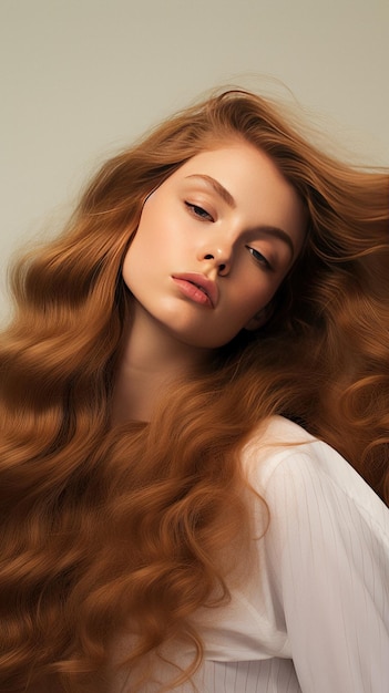 평범한 색상의 중립 배경에 고립된 아름다운 머리를 가진 여성 모델