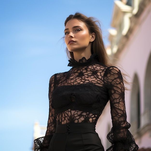 The woman modeling a long black lace smocked set