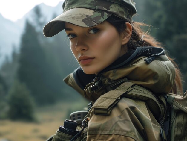 Woman in modern soldier uniform AI generative