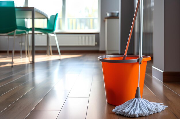 写真 オレンジ色のバケツを床に置いて床を掃除する女性