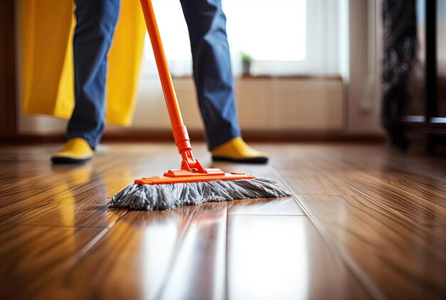 Woman mopping floor on hardwood in the style of orange and gray